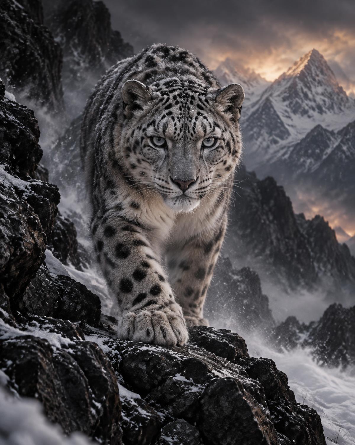 A powerful snow leopard moving through a high Himalayan landscape